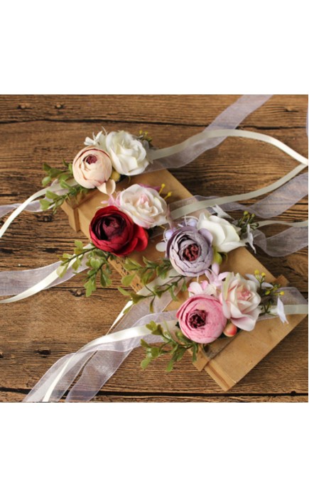 Girly Free-Form Silk Flower Wrist Corsage/Boutonniere/Wedding Bouquet sets - Wrist Corsage/Boutonniere