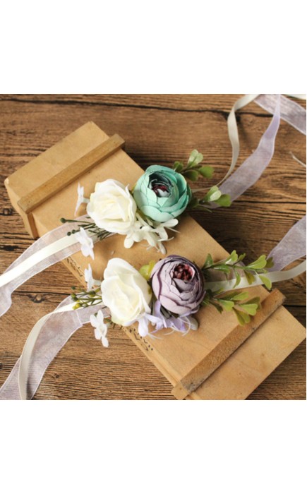 Girly Free-Form Silk Flower Wrist Corsage/Boutonniere/Wedding Bouquet sets - Wrist Corsage/Boutonniere