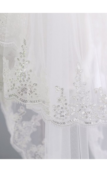 Two-tier Lace Applique Edge Chapel Bridal Veils With Lace