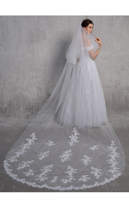 Two-tier Lace Applique Edge Cathedral Bridal Veils With Lace