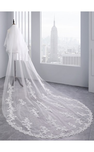 Two-tier Lace Applique Edge Cathedral Bridal Veils With Lace