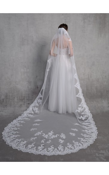 One-tier Lace Applique Edge Cathedral Bridal Veils With Lace