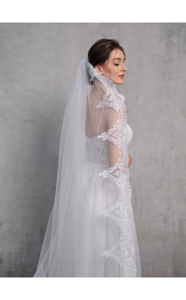 One-tier Lace Applique Edge Cathedral Bridal Veils With Lace