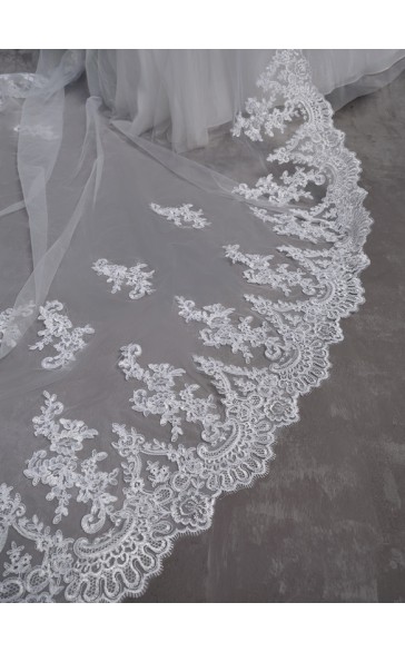 One-tier Lace Applique Edge Cathedral Bridal Veils With Lace