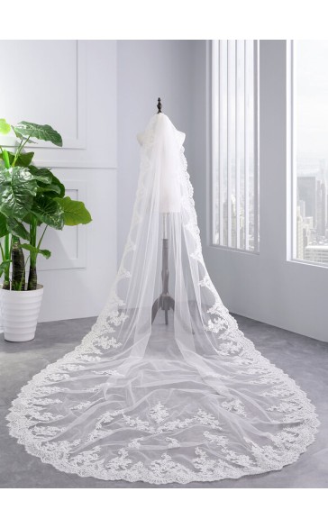 One-tier Lace Applique Edge Cathedral Bridal Veils With Lace