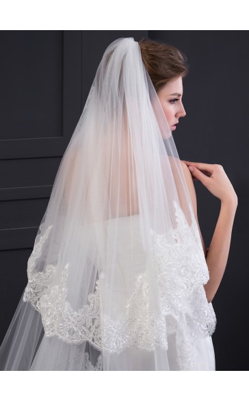 Two-tier Lace Applique Edge Cathedral Bridal Veils With Lace