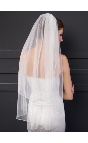 Two-tier Cut Edge Elbow Bridal Veils With Rhinestones