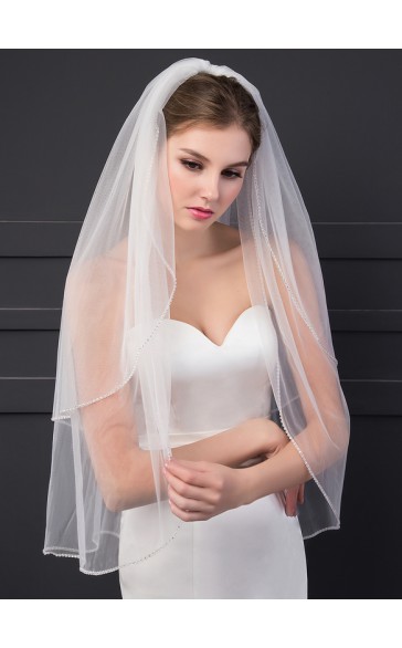 Two-tier Cut Edge Elbow Bridal Veils With Rhinestones