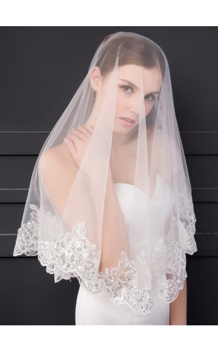 One-tier Lace Applique Edge Elbow Bridal Veils With Sequin/Lace