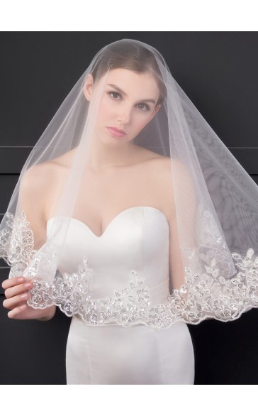 One-tier Lace Applique Edge Elbow Bridal Veils With Sequin/Lace