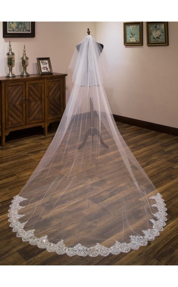 Two-tier Lace Applique Edge Cathedral Bridal Veils With Lace