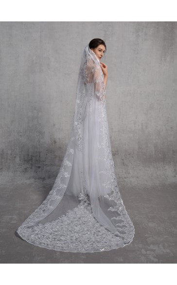 One-tier Lace Applique Edge Chapel Bridal Veils With Lace