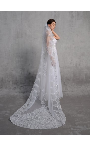 One-tier Lace Applique Edge Chapel Bridal Veils With Lace