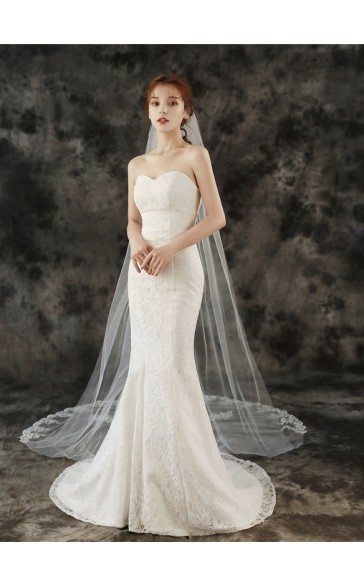 One-tier Lace Applique Edge Chapel Bridal Veils With Lace