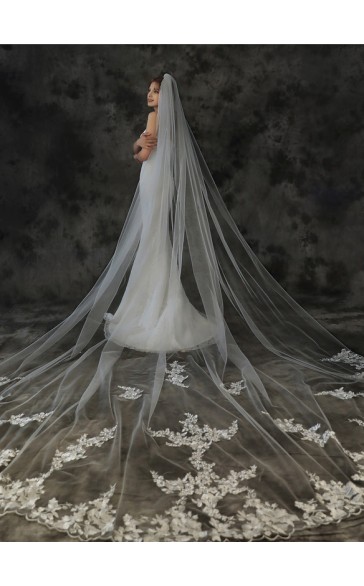 One-tier Lace Applique Edge Cathedral Bridal Veils With Lace