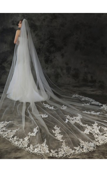 One-tier Lace Applique Edge Cathedral Bridal Veils With Lace