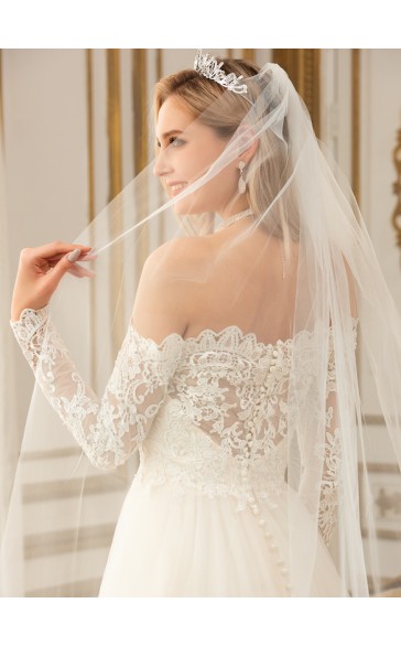 One-tier Lace Applique Edge Cathedral Bridal Veils With Lace