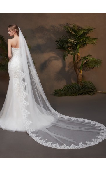 One-tier Lace Applique Edge Chapel Bridal Veils With Lace