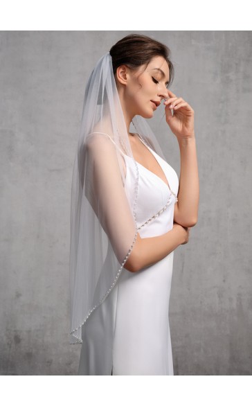 One-tier Cut Edge Fingertip Bridal Veils With Rhinestones