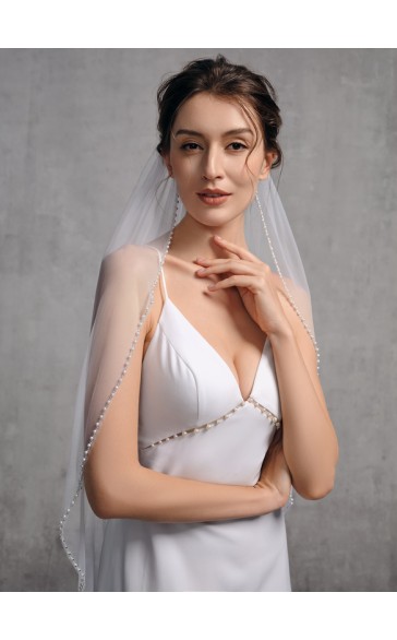 One-tier Cut Edge Fingertip Bridal Veils With Rhinestones