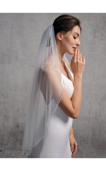 One-tier Cut Edge Fingertip Bridal Veils With Rhinestones