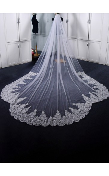 One-tier Lace Applique Edge Cathedral Bridal Veils With Lace