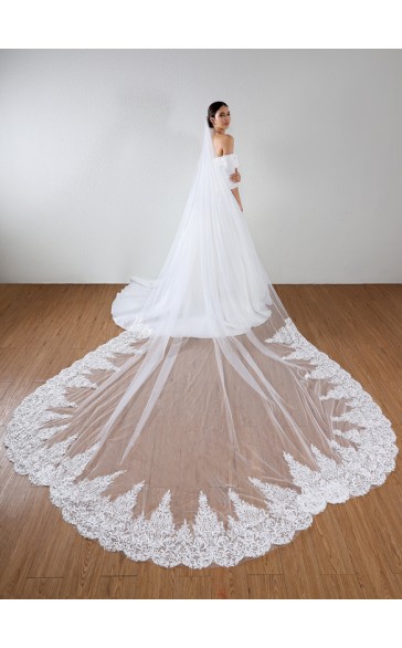 One-tier Lace Applique Edge Cathedral Bridal Veils With Lace