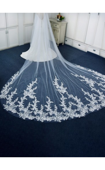 Two-tier Lace Applique Edge Cathedral Bridal Veils With Lace