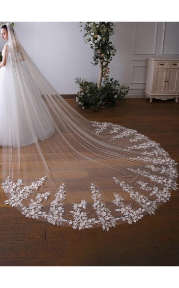 One-tier Lace Applique Edge Cathedral Bridal Veils With Lace