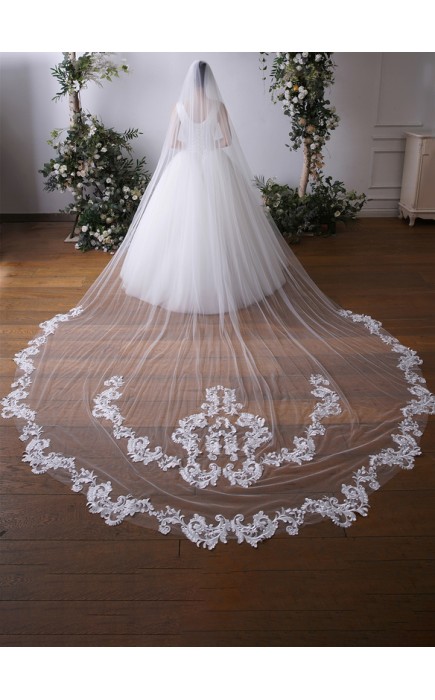 One-tier Lace Applique Edge Cathedral Bridal Veils With Lace