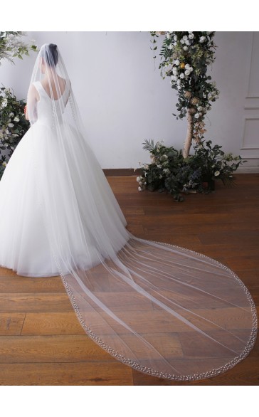 One-tier Pearl Trim Edge Chapel Bridal Veils With Faux Pearl