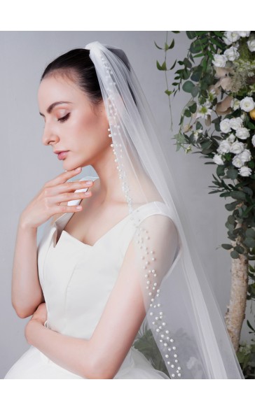 One-tier Pearl Trim Edge Chapel Bridal Veils With Faux Pearl