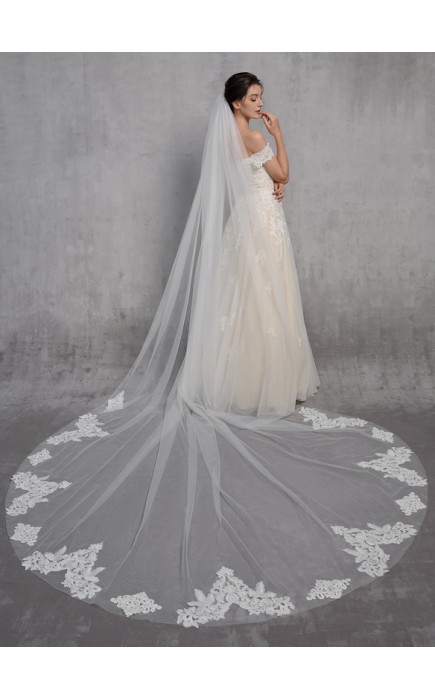 One-tier Lace Applique Edge Cathedral Bridal Veils With Lace