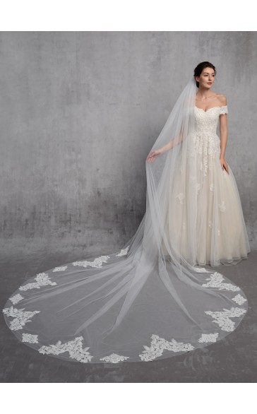 One-tier Lace Applique Edge Cathedral Bridal Veils With Lace