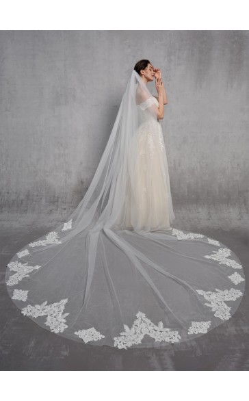 One-tier Lace Applique Edge Cathedral Bridal Veils With Lace