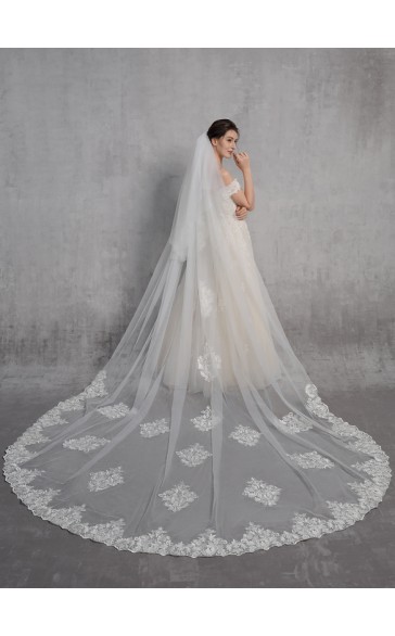 Two-tier Lace Applique Edge Cathedral Bridal Veils With Lace