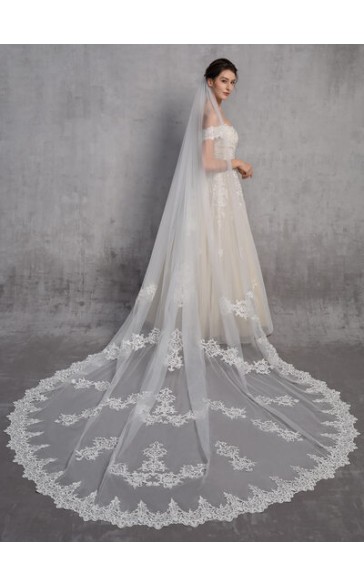 One-tier Lace Applique Edge Cathedral Bridal Veils With Lace