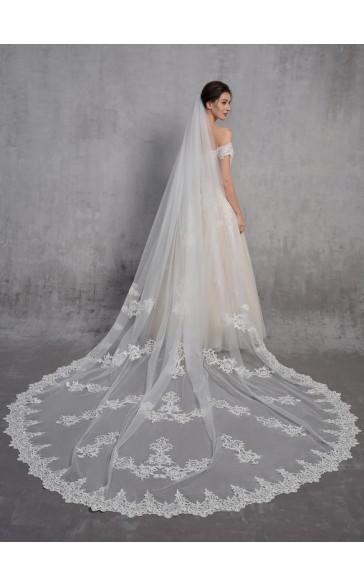 One-tier Lace Applique Edge Cathedral Bridal Veils With Lace