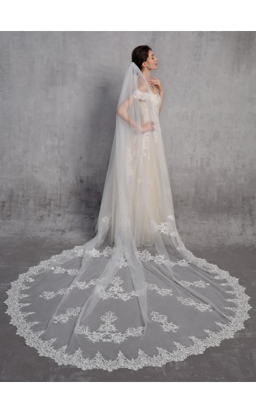 One-tier Lace Applique Edge Cathedral Bridal Veils With Lace