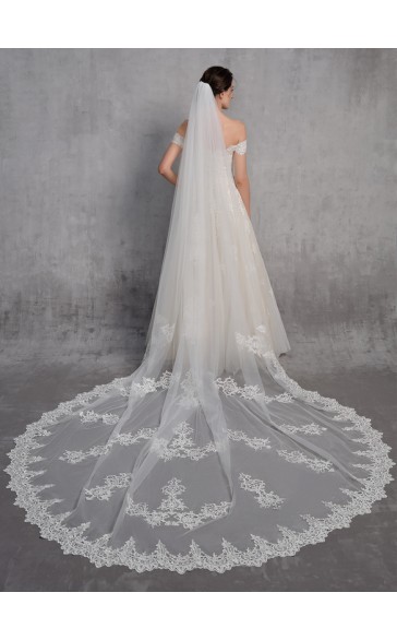 One-tier Lace Applique Edge Cathedral Bridal Veils With Lace