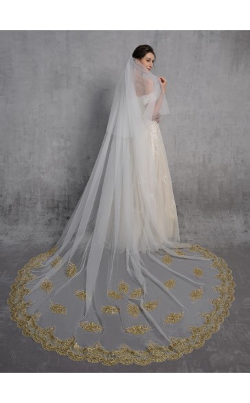 Two-tier Lace Applique Edge Cathedral Bridal Veils With Lace