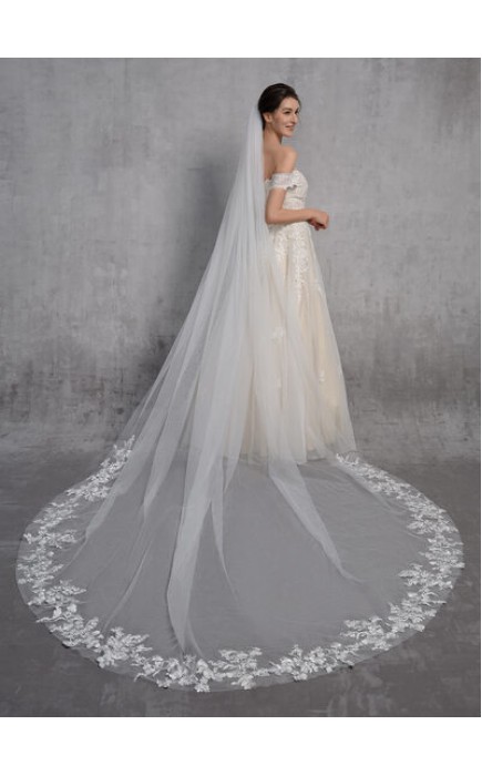 One-tier Cut Edge Cathedral Bridal Veils With Lace