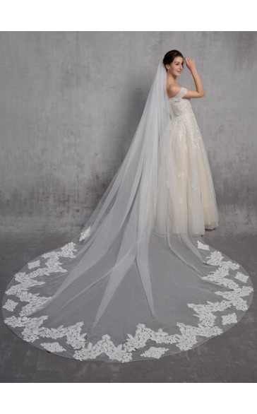 One-tier Lace Applique Edge Cathedral Bridal Veils With Lace