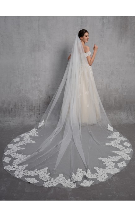 One-tier Lace Applique Edge Cathedral Bridal Veils With Lace