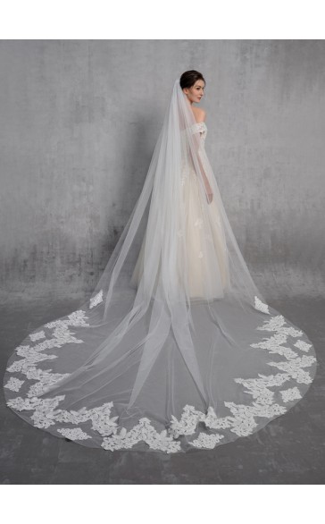 One-tier Lace Applique Edge Cathedral Bridal Veils With Lace