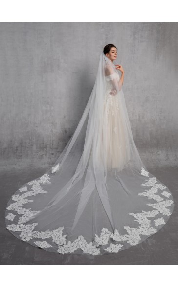 One-tier Lace Applique Edge Cathedral Bridal Veils With Lace