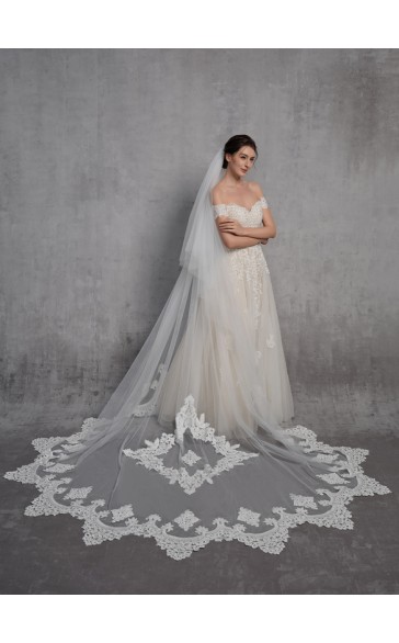 Two-tier Lace Applique Edge Cathedral Bridal Veils With Lace