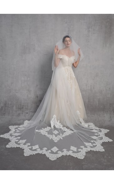 Two-tier Lace Applique Edge Cathedral Bridal Veils With Lace