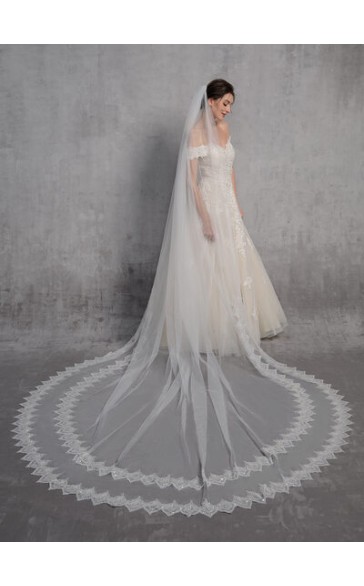 One-tier Lace Applique Edge Cathedral Bridal Veils With Lace