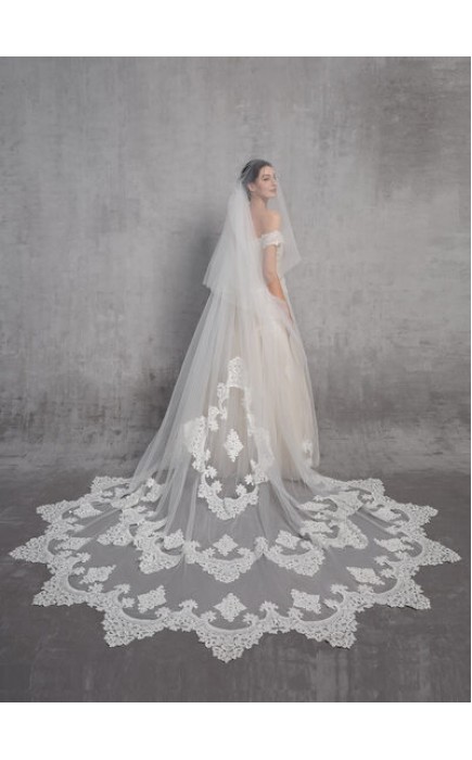 Two-tier Lace Applique Edge Cathedral Bridal Veils With Lace